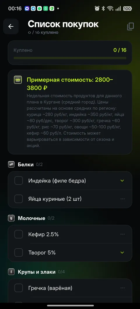 Список покупок на неделю с количеством и стоимостью